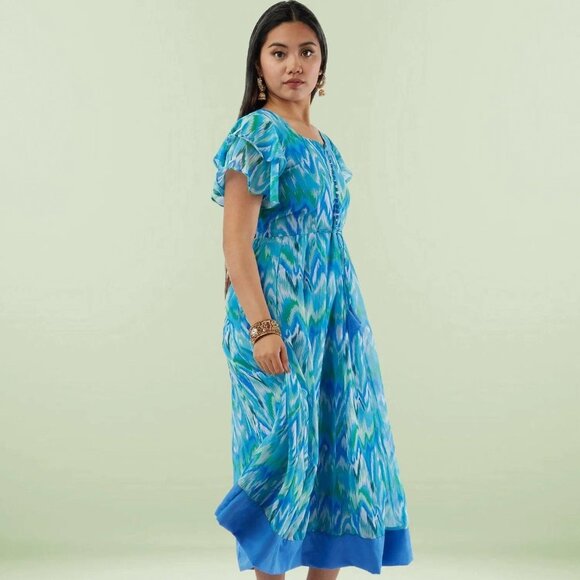 Blue Printed Chiffon Knee-Length Dress | Muvvas Boutique - Picture 4 of 6